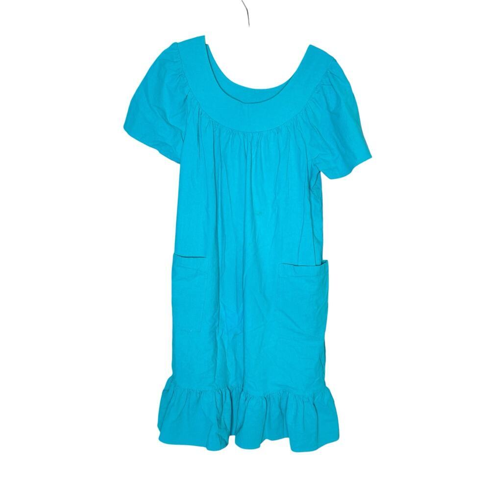 National Women’s Cotton Dress Medium Teal Ruffle Hem Pockets Cottagecore Midi